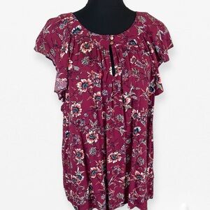 Tommy Hilfiger Ruffled Floral Red and White Blouse with Flutter Sleeves XL